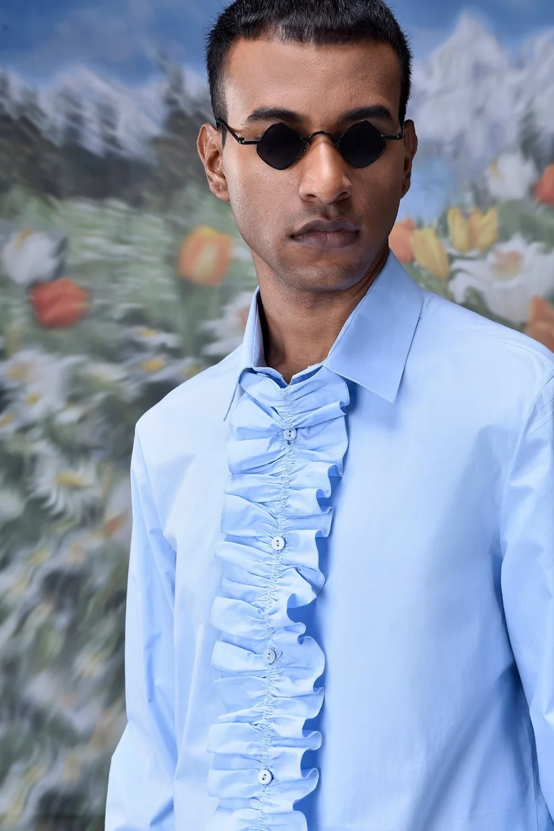 جينات ليكوانت هيمانت قميص بقصة عادية بياقة مكشكشة قابلة للفصل - أزرق فاتح